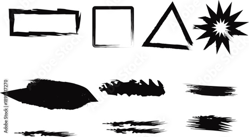 Collection of abstract black shapes and brush strokes on white background