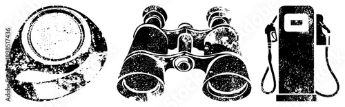 Retro styled binoculars, fuel pump, and helmet with gritty texture, vector graphic, isolated symbols, travel and safety themes.