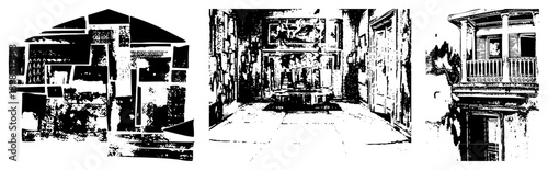 Stylized building fragments, geometric architectural elements, halftone texture, vector art, urban decay motifs, design, graphic composition.