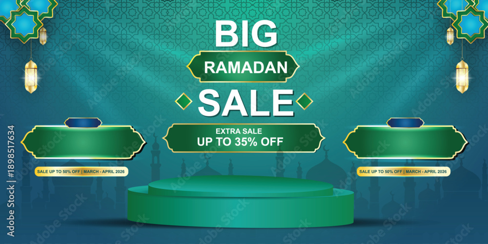 Fototapeta premium Ramadan sale promotion banner on green background with mosque silhouette, glowing hanging lanterns and 3D podium in the center