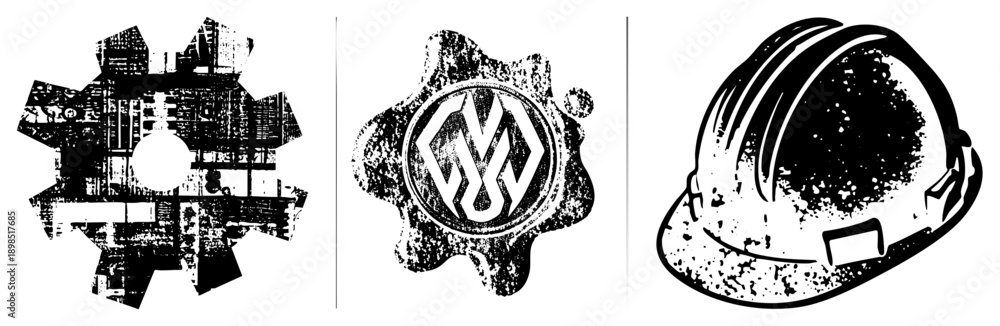 Fototapeta premium Grunge style mechanical gear, stylized emblem, hard hat all isolated vector graphics with distressed texture. Industrial design elements, construction safety, mechanical engineering symbols.