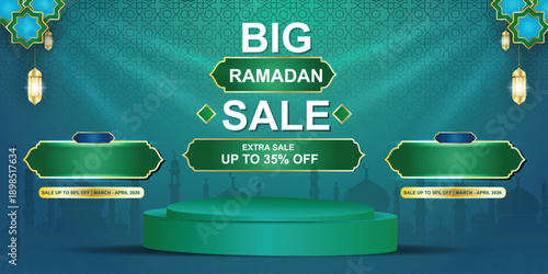 Ramadan sale promotion banner on green background with mosque silhouette, glowing hanging lanterns and 3D podium in the center