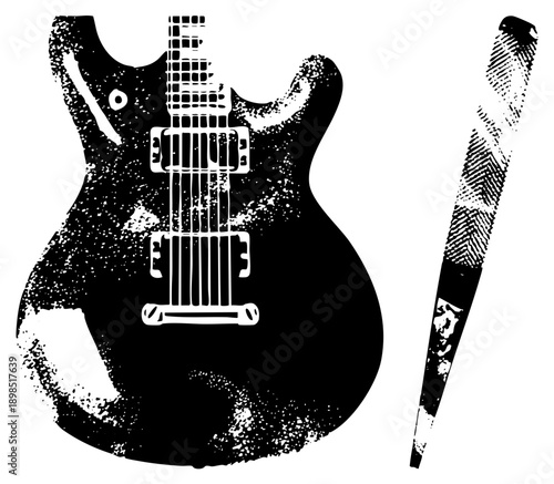 Black and white vector illustration of electric guitar and drumstick, grunge texture, musical instruments, rock music, stylized, isolated graphic, cutout design.