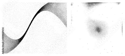 Vector halftone art featuring curved waveforms and gradient dot fields, minimalist graphic, aesthetic, digital illustration, isolated shapes.