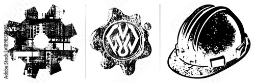 Grunge style mechanical gear, stylized emblem, hard hat all isolated vector graphics with distressed texture. Industrial design elements, construction safety, mechanical engineering symbols.