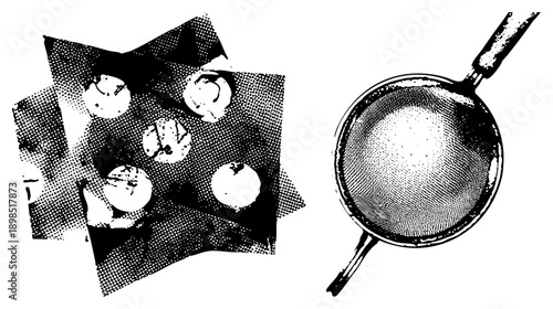 Retro style halftone graphic showing baked cookies on tray and empty frying pan, classic kitchenware, vector art, food illustration.