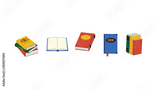 A colorful illustration of various books and textbooks arranged neatly