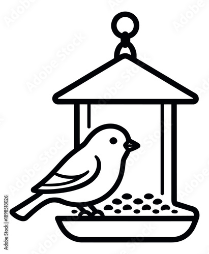 Line art illustration of a bird feeder depicting a bird eating seeds for garden design