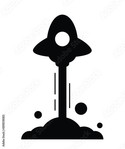 Silhouette of a Funny Rocket Launching into Space. Cosmic adventure and science fiction vector art