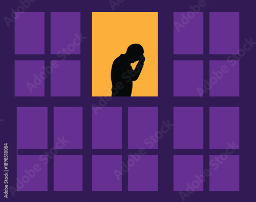 Silhouette of Depressed and Worried Man in the Window. People struggling with mental disorders vector art