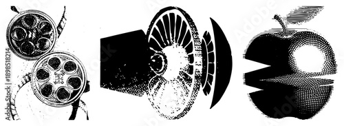 Retro film reels spinning, vintage airplane, bitten, halftone vector art, classic graphic design elements.