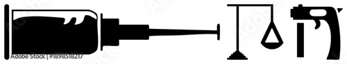 Medical syringe dispensing liquid, laboratory balance scale, firearm silhouette, black vector, medical equipment, lab tools, weapon.