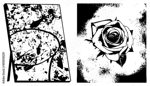 Black and white halftone rose illustration with distressed texture, paired with abstract splatter art print, both isolated on transparent background, graphic design elements for creative projects.