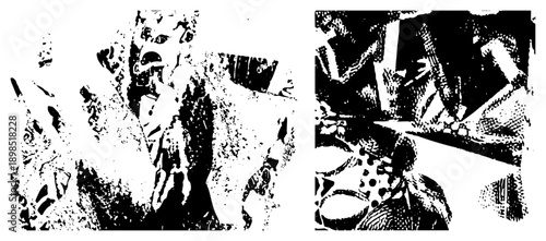 Graphic illustration of fragmented human forms using halftone dots and high contrast shading, abstract art, vector silhouette, expressive composition, design.