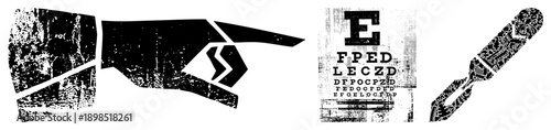 Stylized hand gesture pointing right, vintage eye chart with letters, ink pen with textured, all in gritty vector art.