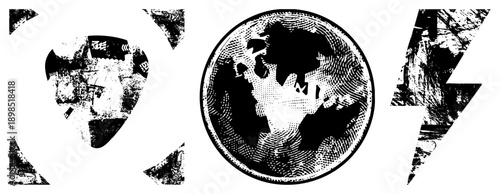 Distressed halftone guitar pick, globe, lightning bolt. Graphic design elements with gritty texture,, vector art, isolated symbols.