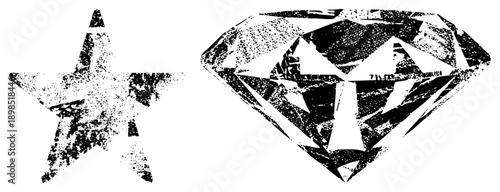 Distressed star and diamond gem graphic, halftone texture, vector illustration, black and white, gritty design, isolated symbols, graphic elements.