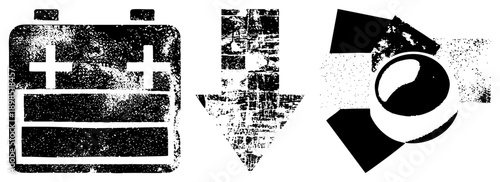 Battery symbol, downward arrow, circular energy loop, vector, distressed texture, power transfer concept, digital interface elements.