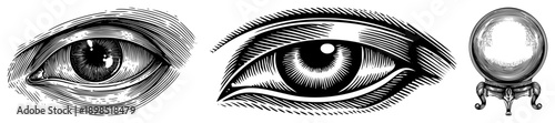Detailed engraved eyes with intricate hatching, mystical crystal ball on ornate stand, occult symbolism, vintage graphic style, mystical gaze.