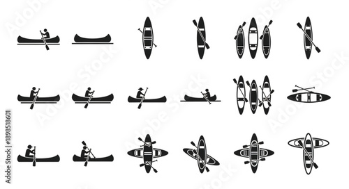 Canoe and Kayak Icons Set Top View Side View.