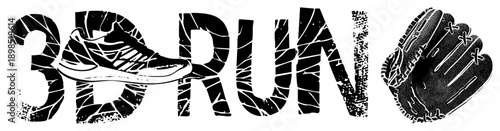 Graphic logo with "3D RUN" letters, sneaker integrated into design, baseball glove, sporty typography, athletic branding, vector art.