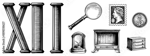 Roman numeral XII rendered in ornate columns, alongside magnifying glass, vintage clock, stamp, dollar coin, and dresser all in detailed black and white vector illustration.