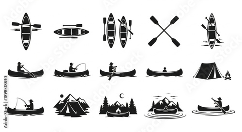 Canoe and Camping Icons Set Vector Illustration.