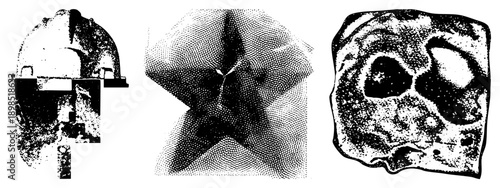 Three stylized forms with halftone textures helmet like, star, and organic voids. Vector art with dot shading, isolated foreground elements, graphic design motifs.