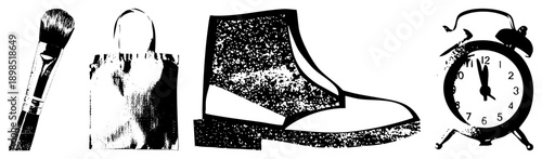 Retro halftone graphic paintbrush, tote bag, ankle boot, analog alarm clock. vector art with grainy texture, isolated elements for design use.