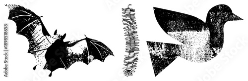 Stylized bat with spread wings, coiled spring, and duck in flight, all rendered in halftone dot, vector graphic, isolated foreground elements.