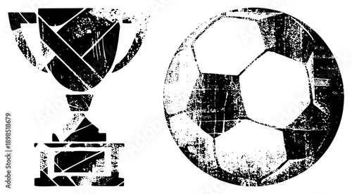 Classic sports trophy and soccer ball rendered in gritty black and white vector art, distressed texture, athletic symbols, competition, graphic design elements.