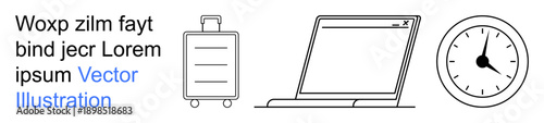 Travel, productivity, time management, work-life balance, remote work, efficiency. Minimalist suitcase, laptop and clock. Travel and productivity concepts for modern professional lifestyles