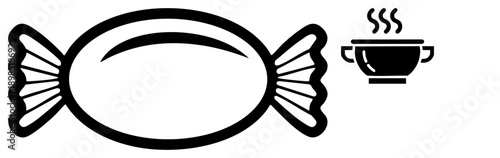 Sweet treat with ribbon wrapper, coffee cup with, minimalist graphic, dessert and beverage symbols, flat design elements.