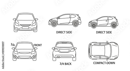 Car blueprint views from different angles for design and illustration.