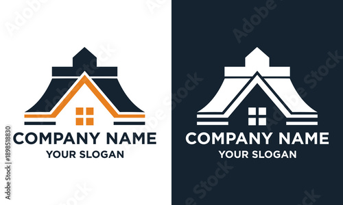 Modern architectural house logos displayed on contrasting backgrounds, showcasing sleek designs and typography for company branding purposes from a straightforward viewpoint.