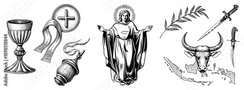 including,, thurible, Madonna figure, olive branch, dagger, and bull head, rendered in halftone engraving style.
