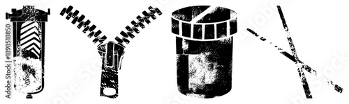 Grunge styled vector of zipper, filter, container, and utensils,, distressed texture, graphic design elements.