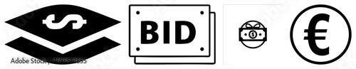 Auction bidding including bid sign, euro symbol, dollar bill, and bid arrow, used for auctions, finance, and bidding platforms.