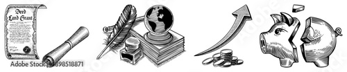 Historical documents, globe, quill, inkwell, coins, piggy bank, upward arrow legal, financial, heritage,, investment,, asset, property, wealth.