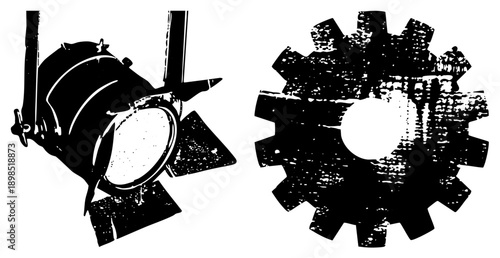 Black and white vector silhouettes of theatrical spotlight and mechanical gear, stylized with distressed texture, isolated graphic elements for design use.