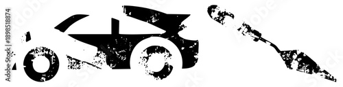 Abstract automotive and tool graphic, vector silhouette, gritty texture, mechanical design, isolated foreground elements, industrial aesthetic.