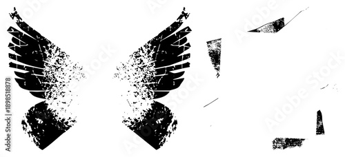Black and white winged symbol with grunge texture, broken, emblem design, vector cutout, distressed logo, graphic asset, isolated.