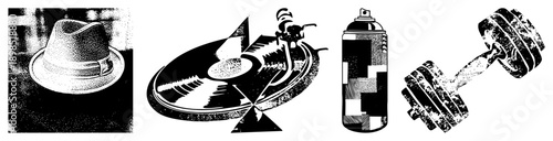 Urban street art symbols fedora hat, spray paint can, vinyl record, dumbbell, halftone style, isolated vector, graffiti culture, fitness gear.