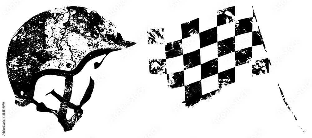 Fototapeta premium Vintage style racing helmet with distressed texture paired with waving checkered flag, motorsport, race winner emblem, auto racing gear, black and white graphic design.