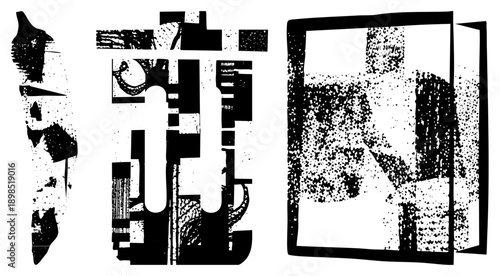 Bold graphic design featuring fragmented forms, halftone, and stark contrasts, ideal for modern art or print. Abstract composition with textured blocks and stylized silhouettes.