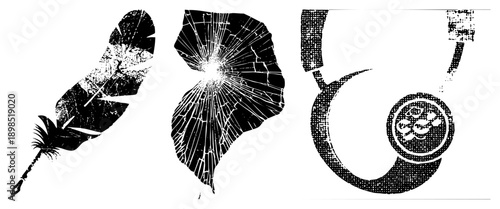 vector feather quill, cracked glass, rotary phone. Retro, distressed, halftone style. Ideal for vintage design, UI elements, or graphic.