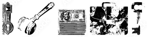 Ornate door knocker, auction gavel, US 100 bill, abstract key shapes, black and white vector, isolated graphic elements, symbolic objects.