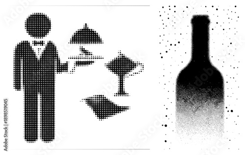 Server holding tray with covered dish and wine glass, halftone style, restaurant service, dining staff graphic, black dot, vector art.