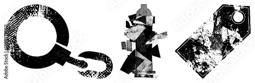 Distressed black and white vector letter Q, fire hydrant, price tag, halftone texture, graphic design elements, isolated symbols, gritty aesthetic, stylized shapes.