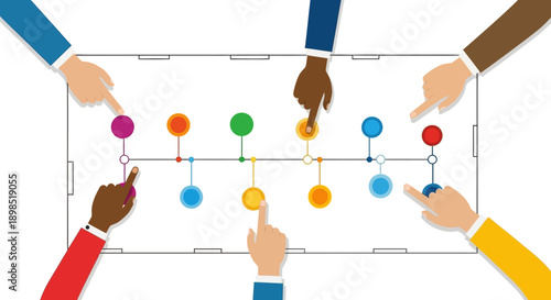 Team Collaboration on Project Timeline Roadmap: Diverse Hands Pointing at Milestones and Strategic Planning.